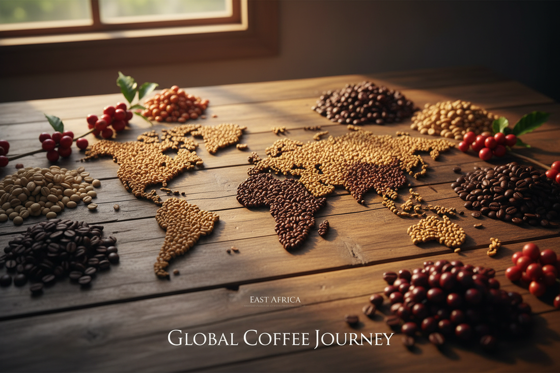 A world map highlighting coffee-growing regions including Latin America, East Africa, and Indonesia sourced by Light & Hope Coffee & Tea Co.