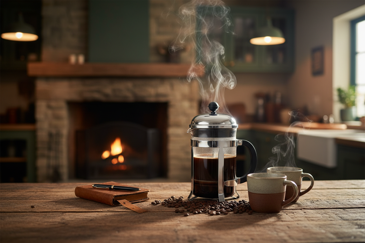 A French press coffee maker with freshly brewed coffee, coarse ground coffee beans, and a ceramic mug on a wooden surface.