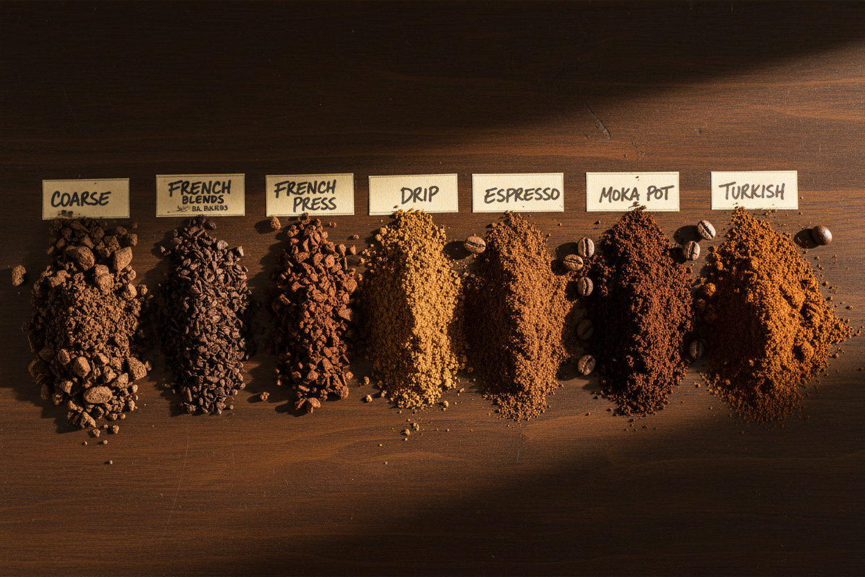 A visual guide to coffee grind sizes from coarse to fine, showing options for French press, drip, pour-over, and espresso brewing methods.