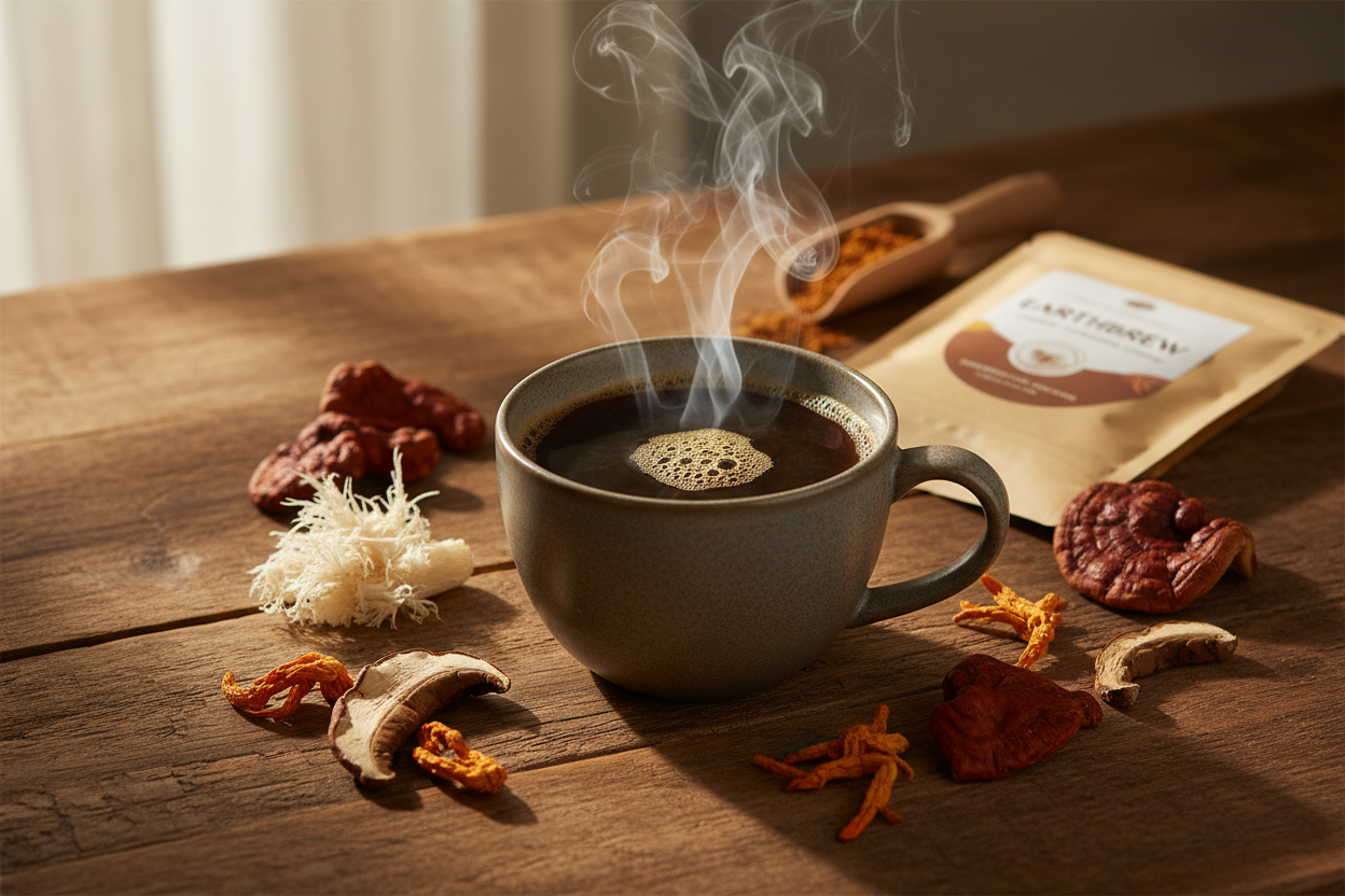 A cup of mushroom coffee with Lion's Mane, Cordyceps, and Reishi mushrooms representing the wellness benefits of functional coffee.