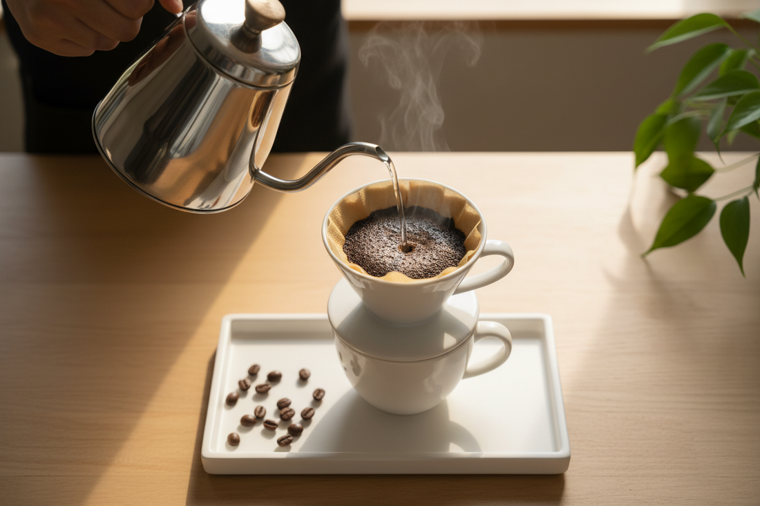 A gooseneck kettle pouring hot water over a pour-over coffee maker with fresh grounds, demonstrating the perfect pour-over brewing technique.