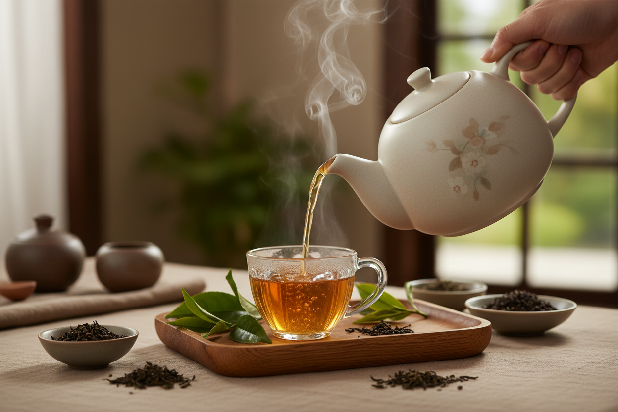 A ceramic teapot pouring hot tea into a delicate cup with steam rising, demonstrating proper tea brewing technique.