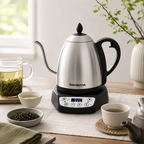 Bonavita Gooseneck Kettle Close-Up | Stainless Steel with LED Panel Temperature Control | Light & Hope Coffee & Tea Co.