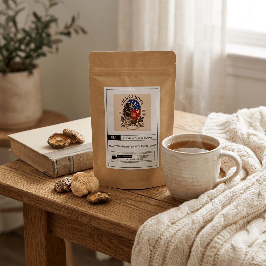 Hojicha With Mushrooms - Roasted Green Tea Powder, 3 oz - Tea > Green Tea | Light & Hope Coffee