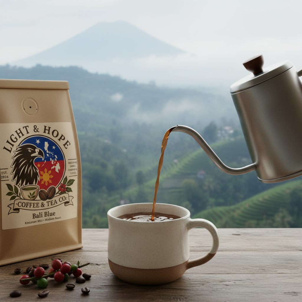 Light & Hope Coffee & Tea Co. Bali Blue Kintamani Mist coffee bag