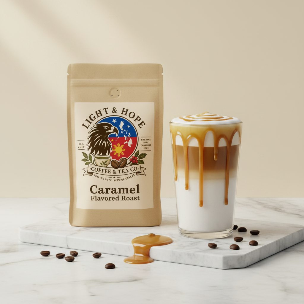 Light & Hope Coffee & Tea Co. Caramel Flavored Roast coffee bag