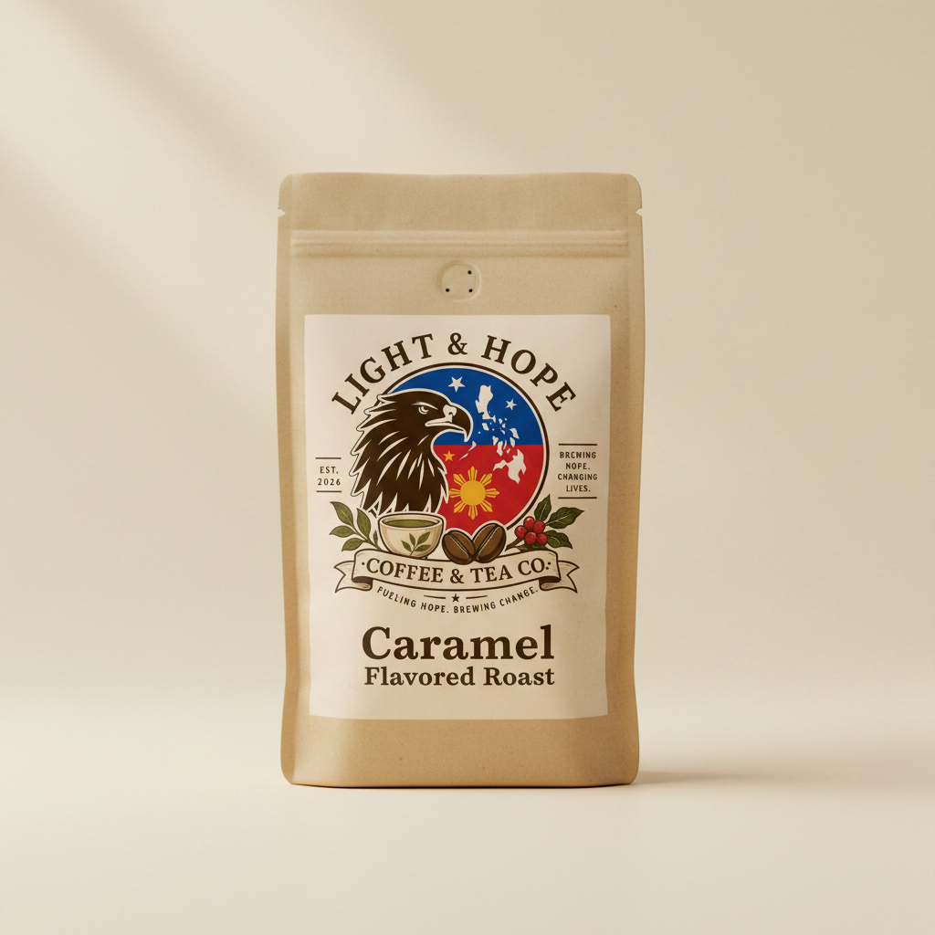 Caramel Coffee Label Detail | Premium Rich Caramel Flavored Coffee Bag | Light & Hope Coffee & Tea Co.