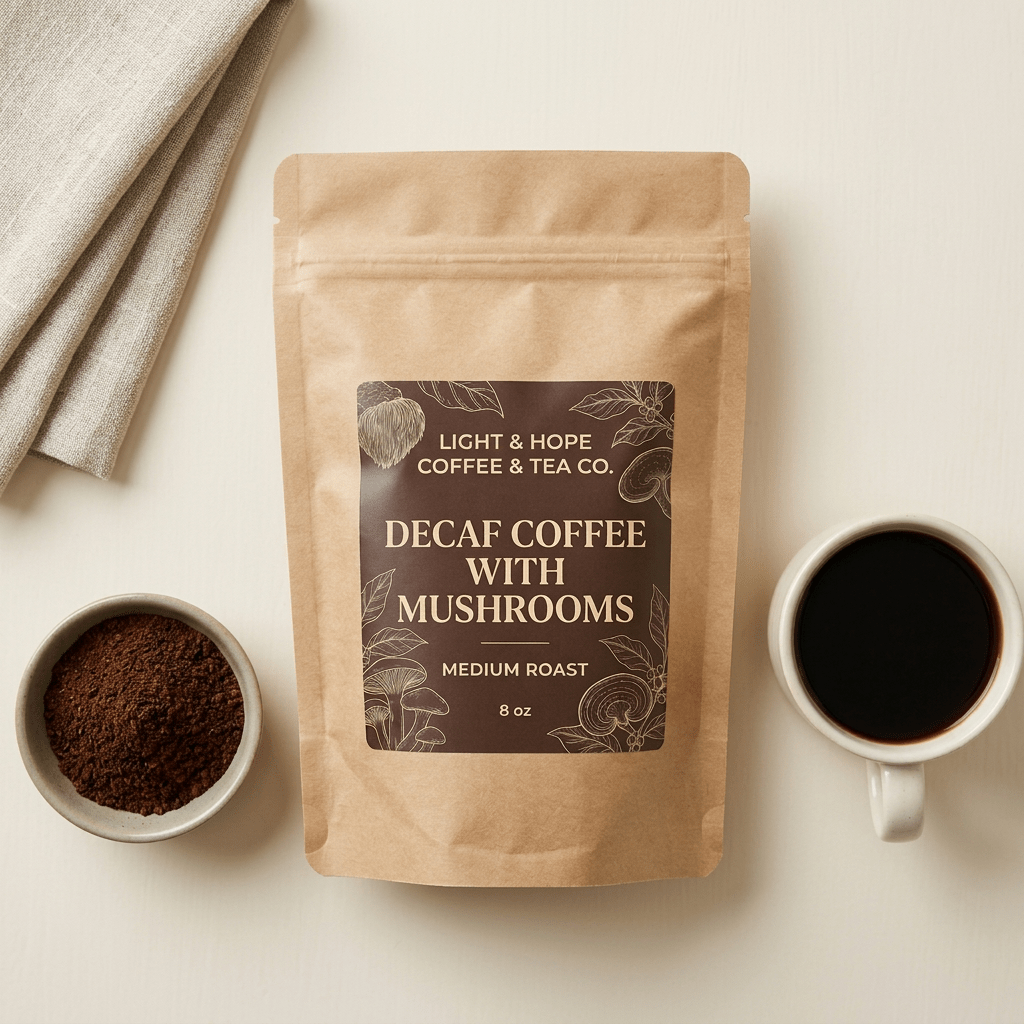 Decaf Coffee With Mushrooms - Medium Roast, 8 oz - Coffee > Mushroom Coffee | Light & Hope Coffee