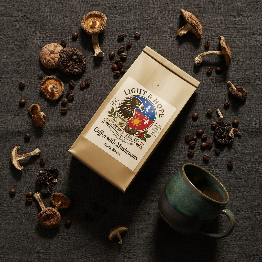 Light & Hope Coffee & Tea Co. Coffee with Mushrooms Dark Roast coffee bag