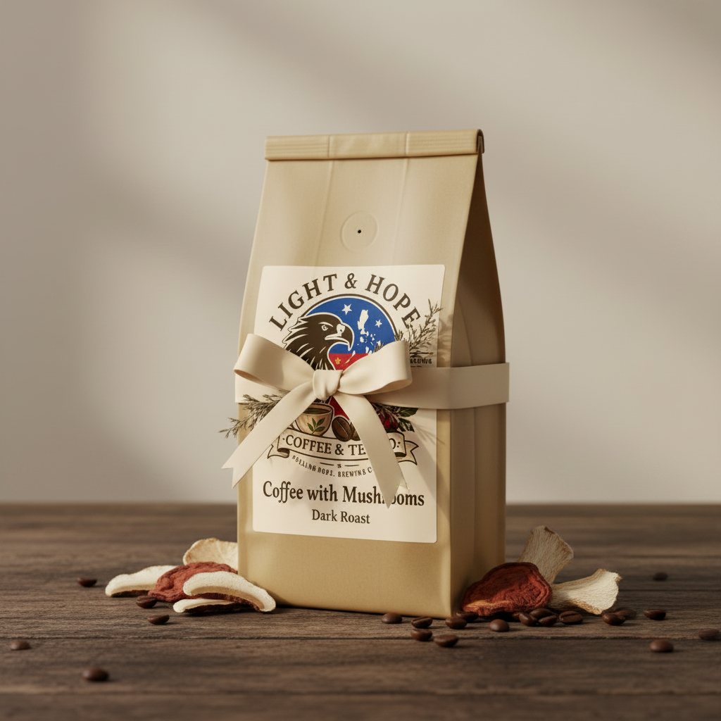 Light & Hope Coffee & Tea Co. Coffee with Mushrooms Dark Roast coffee bag