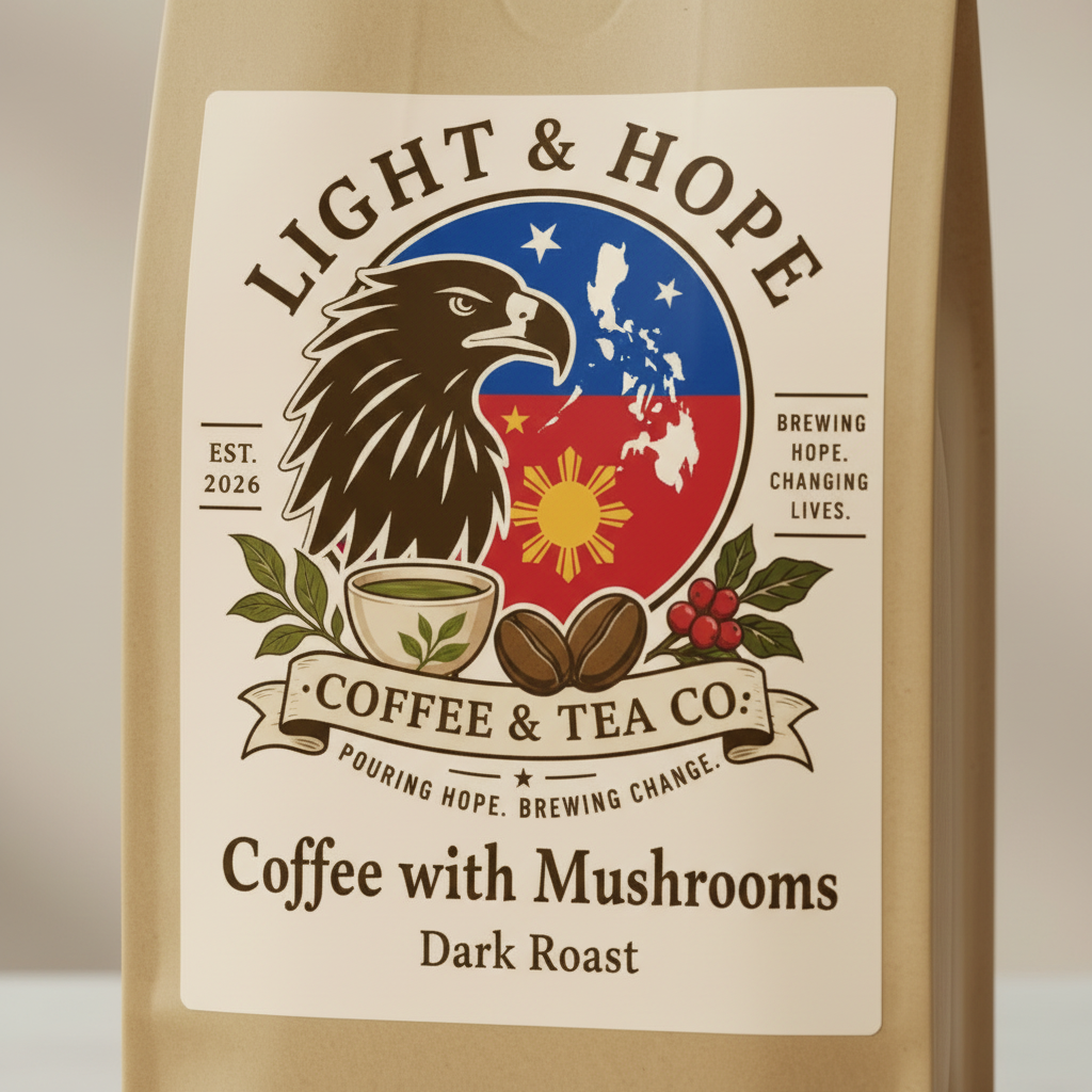Light & Hope Coffee & Tea Co. Coffee with Mushrooms Dark Roast coffee bag