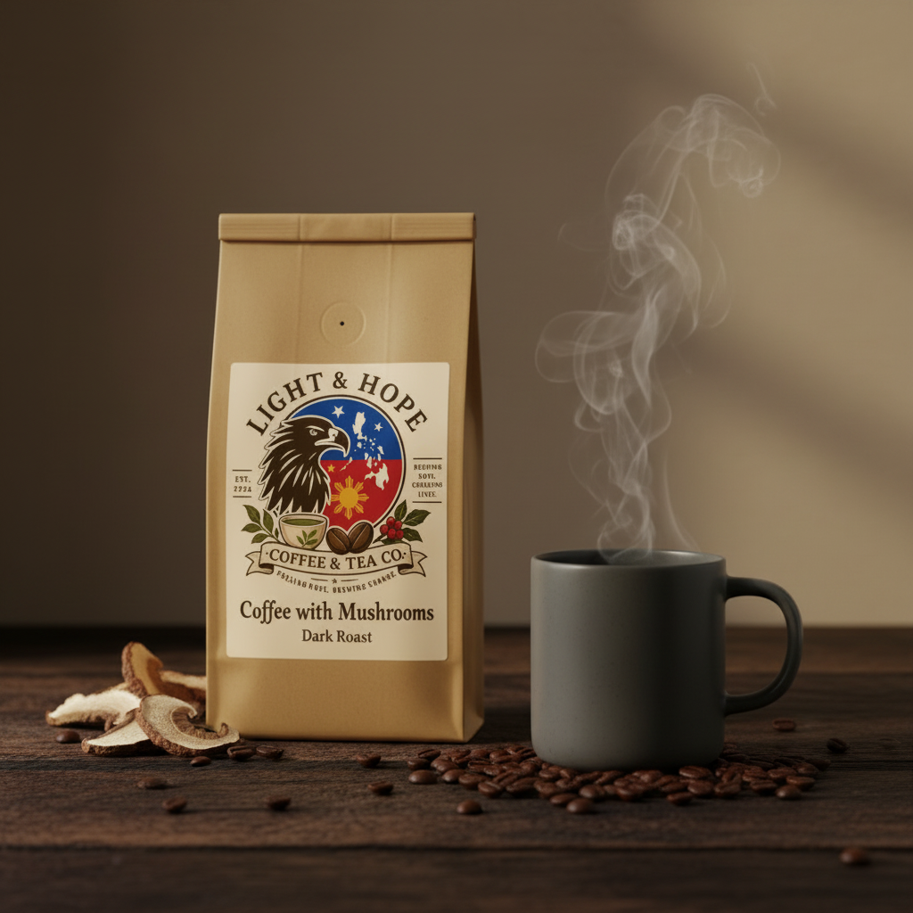 Light & Hope Coffee & Tea Co. Coffee with Mushrooms Dark Roast coffee bag