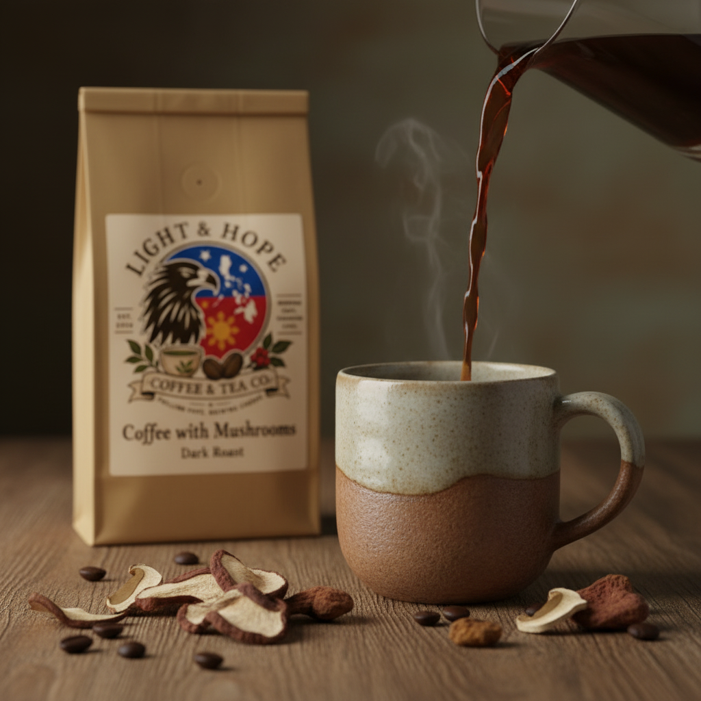 Light & Hope Coffee & Tea Co. Coffee with Mushrooms Dark Roast coffee bag