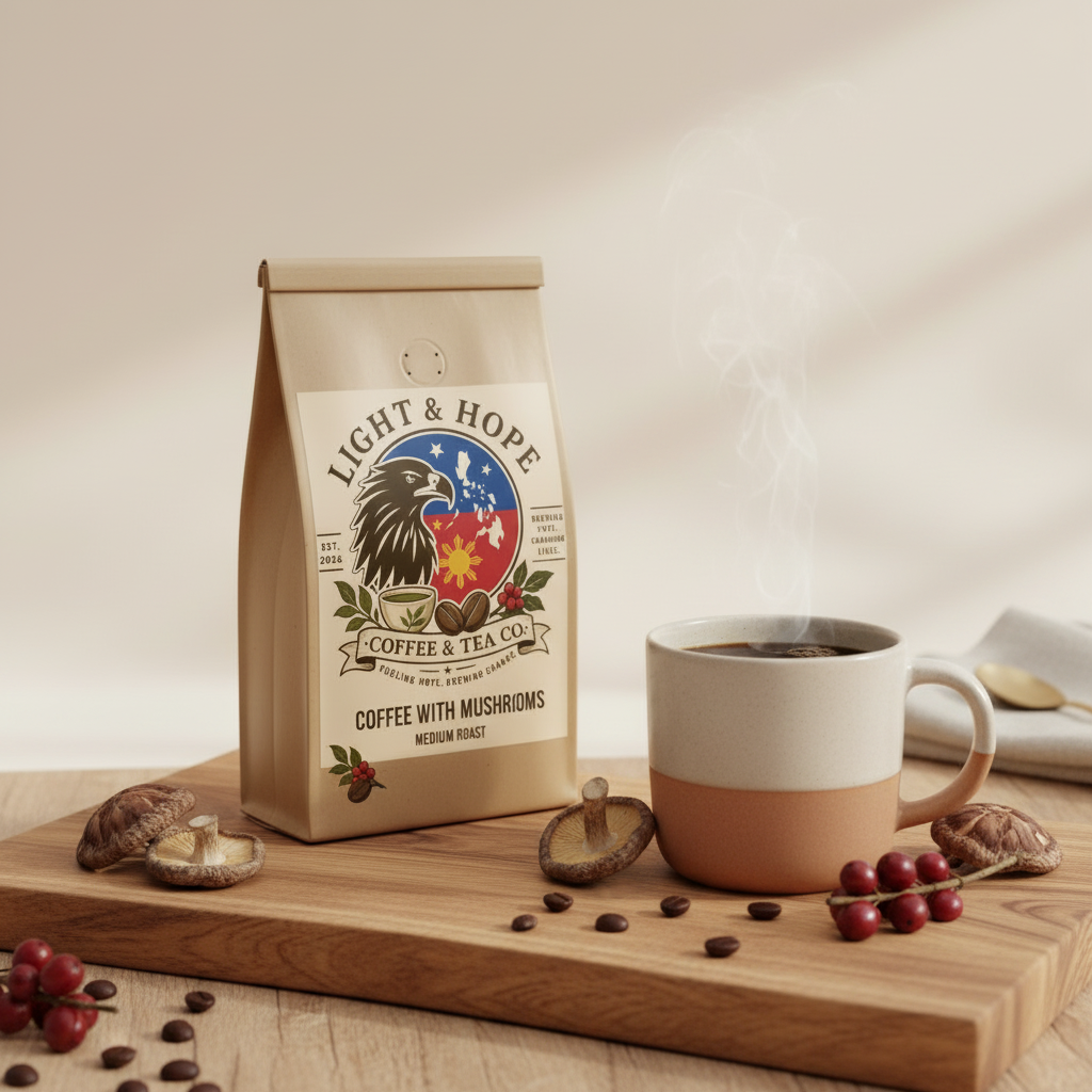 Light & Hope Coffee & Tea Co. Coffee with Mushrooms Medium Roast coffee bag