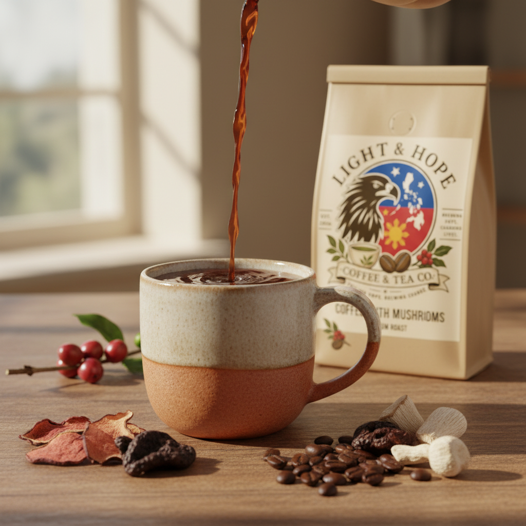 Light & Hope Coffee & Tea Co. Coffee with Mushrooms Medium Roast coffee bag