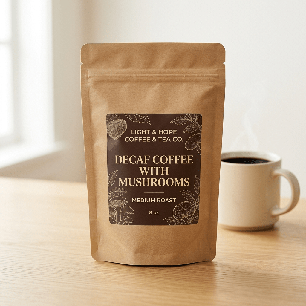 Decaf Coffee With Mushrooms - Medium Roast, 8 oz - Coffee > Mushroom Coffee | Light & Hope Coffee