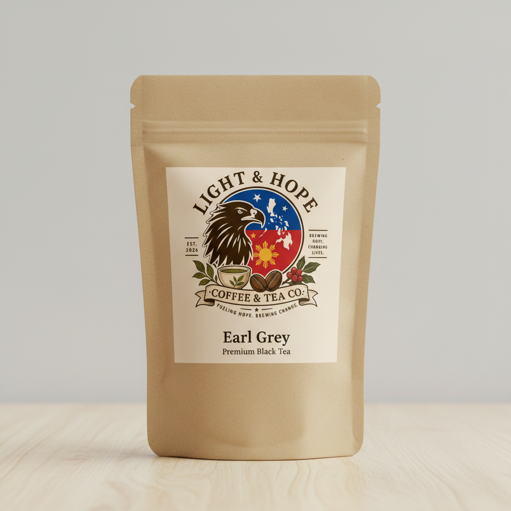 Earl Grey Tea Label Detail | Premium Bergamot-Infused Earl Grey Black Tea Bag | Light & Hope Coffee & Tea Co.