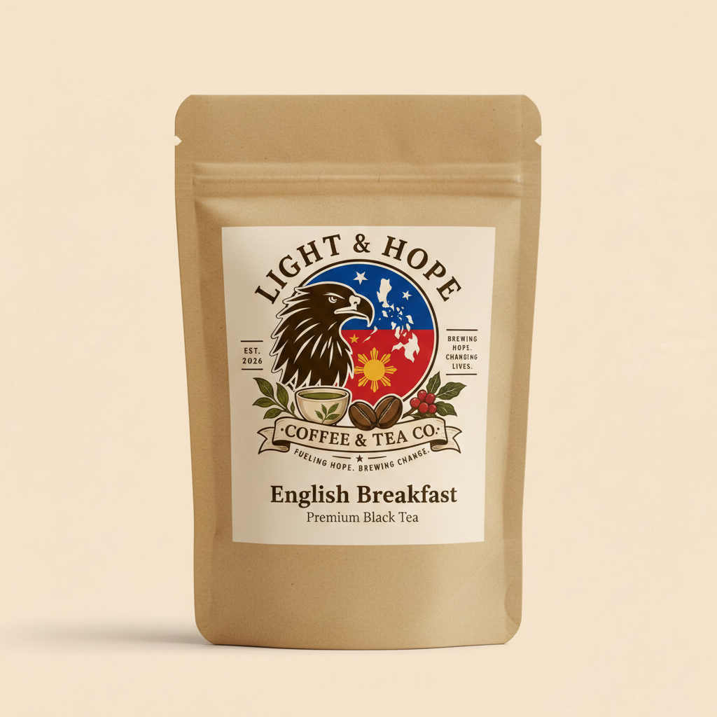 English Breakfast Tea Label Detail | Premium Bold English Breakfast Black Tea Bag | Light & Hope Coffee & Tea Co.