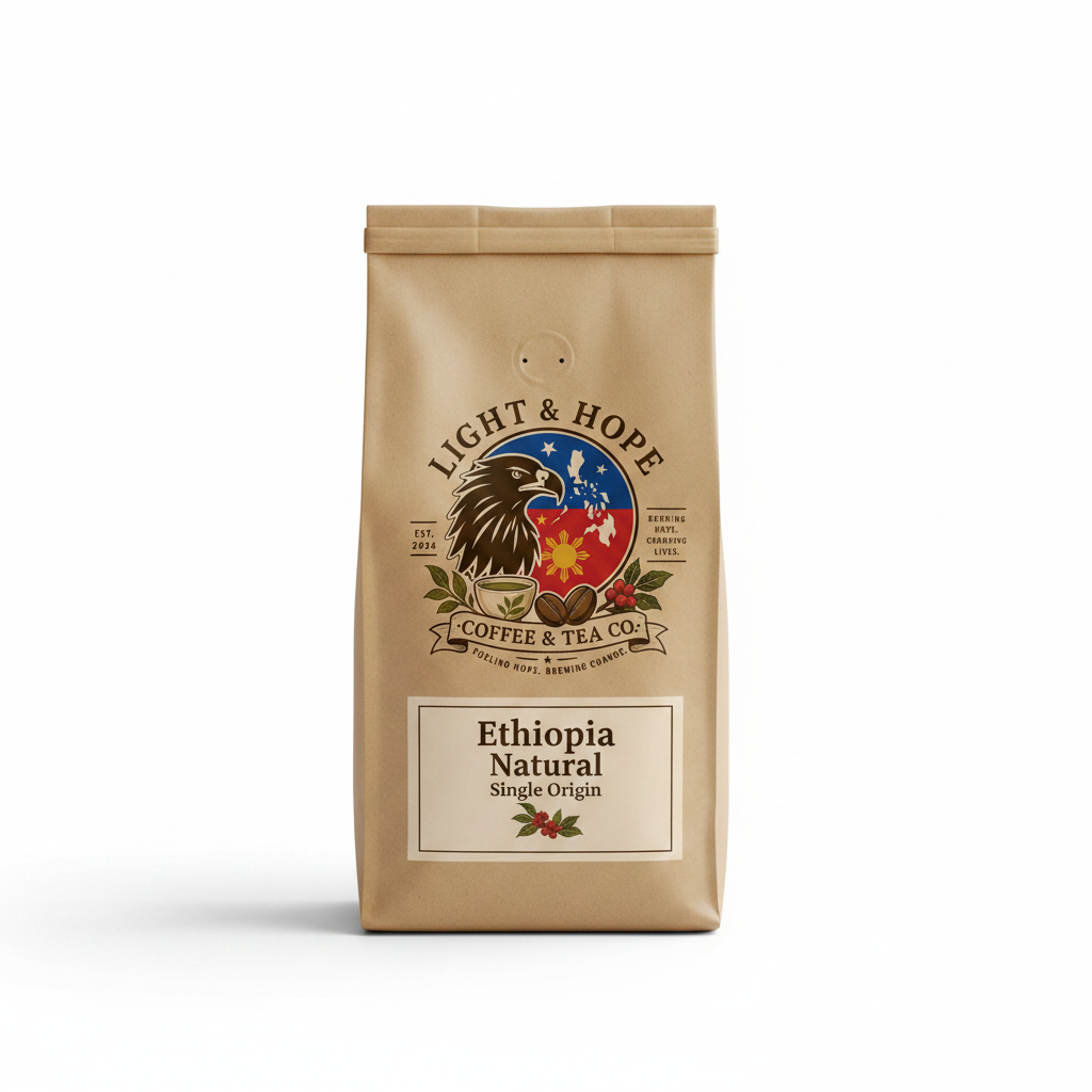 Ethiopia Natural single origin medium-light roast coffee bag — Light & Hope Coffee & Tea Co.