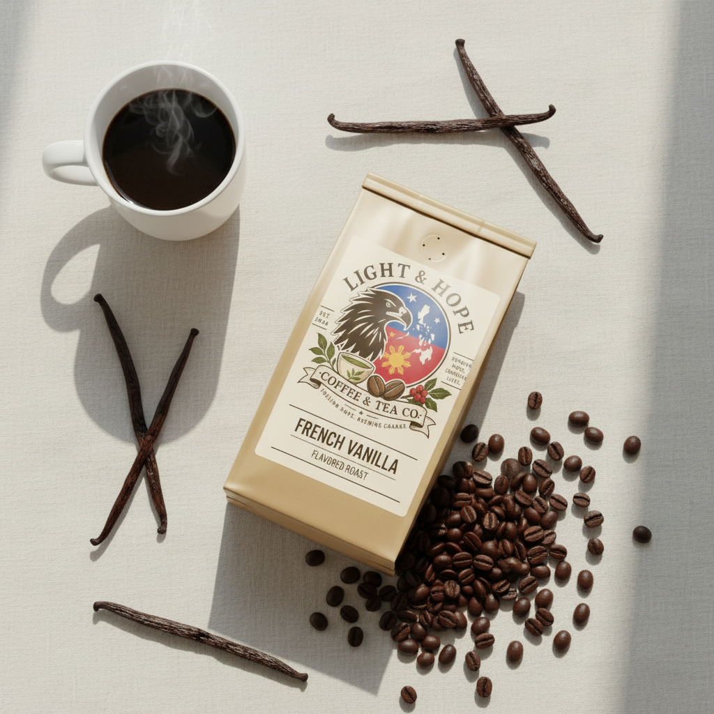Light & Hope Coffee & Tea Co. French Vanilla Flavored Roast bag label detail