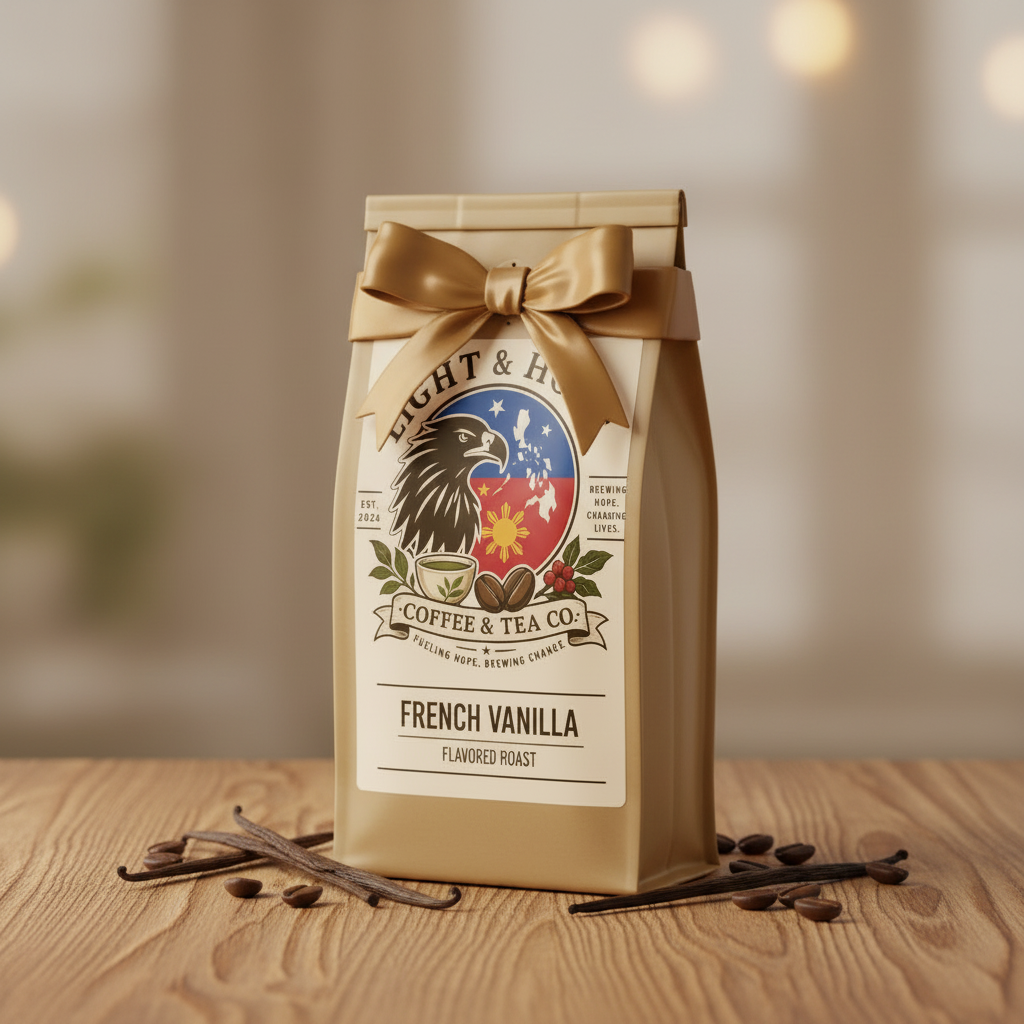 Light & Hope Coffee & Tea Co. French Vanilla Flavored Roast bag label detail