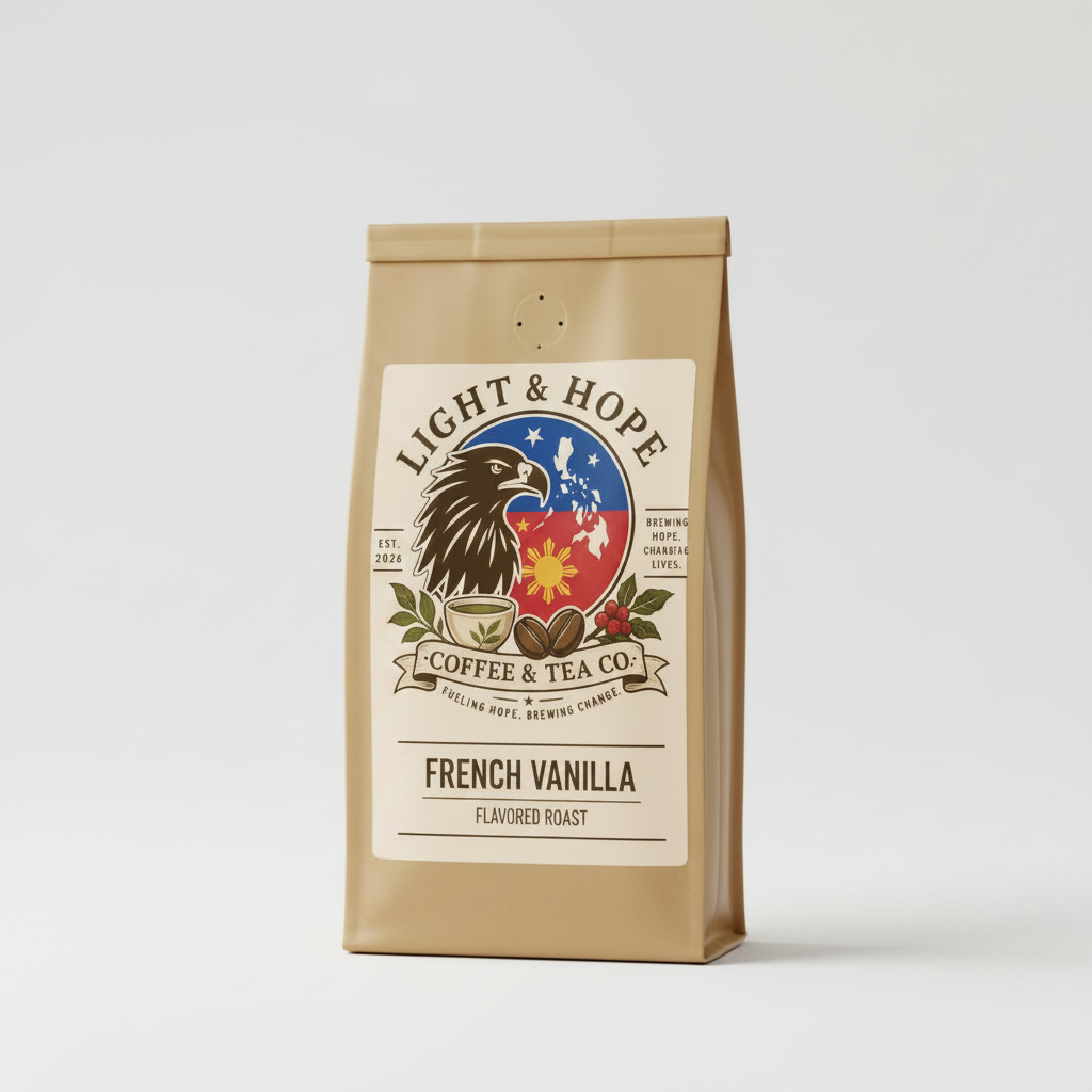 Light & Hope Coffee & Tea Co. French Vanilla Flavored Roast bag label detail