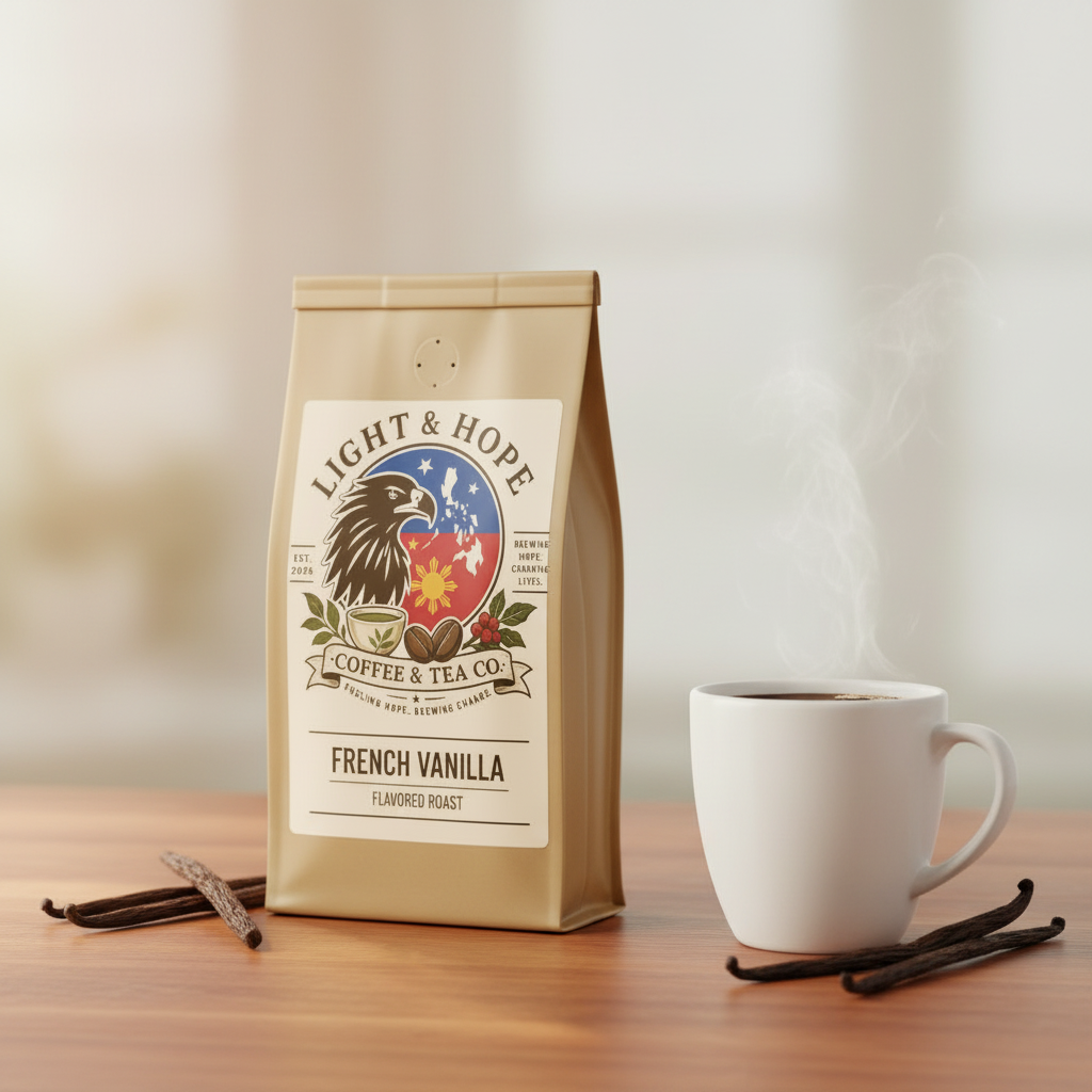 Light & Hope Coffee & Tea Co. French Vanilla Flavored Roast coffee bag with steaming mug and vanilla beans