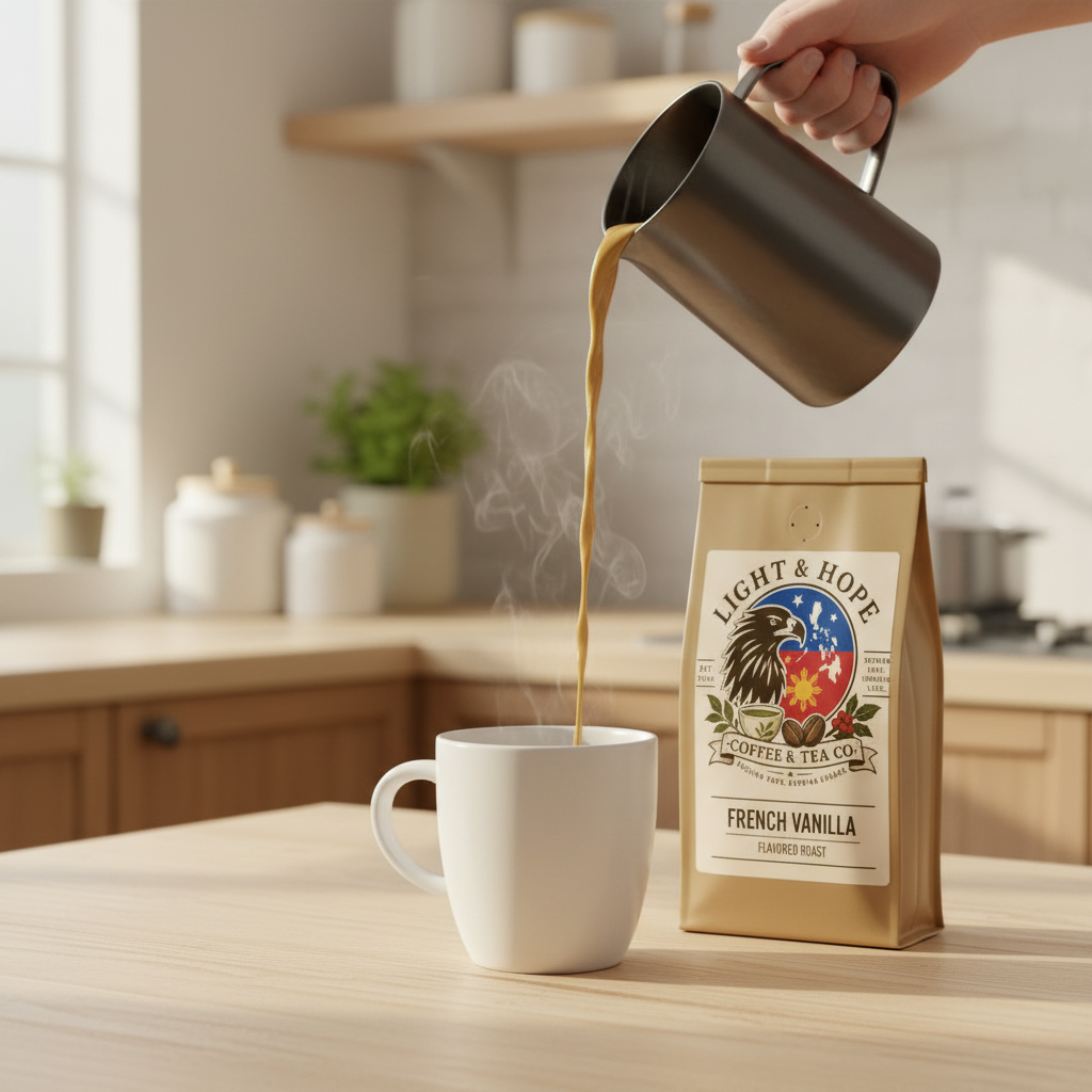 Light & Hope Coffee & Tea Co. French Vanilla coffee flat lay with vanilla beans and white ceramic mug