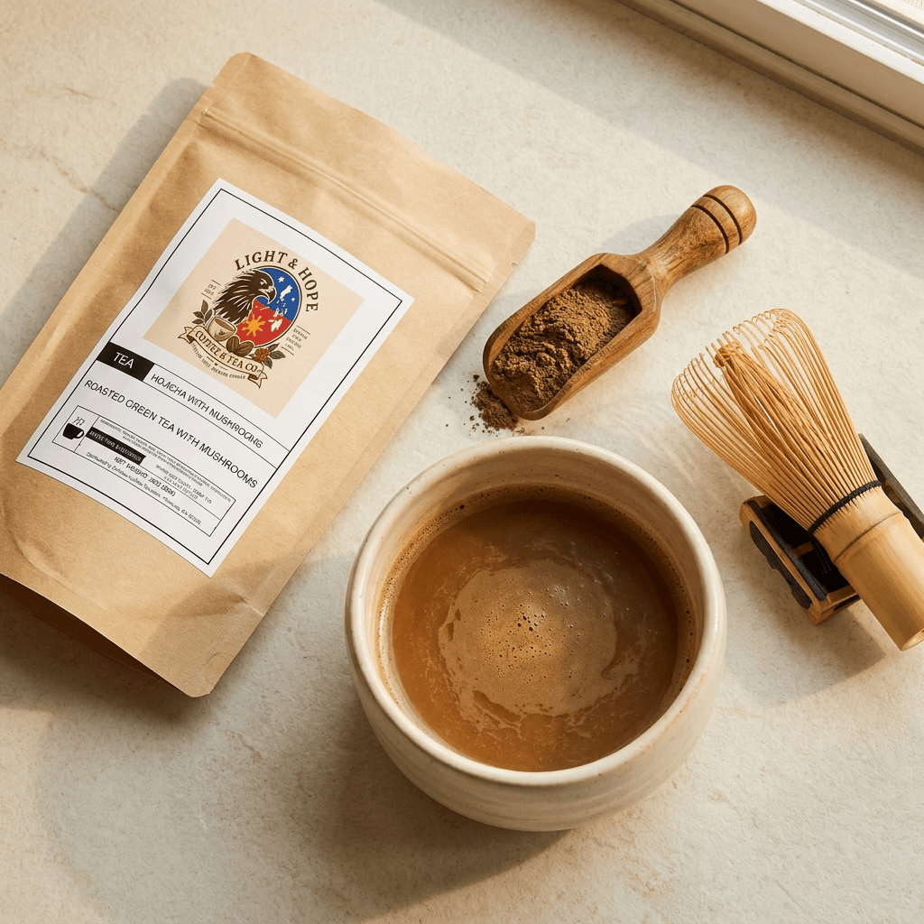 Hojicha With Mushrooms - Roasted Green Tea Powder, 3 oz - Tea > Green Tea | Light & Hope Coffee
