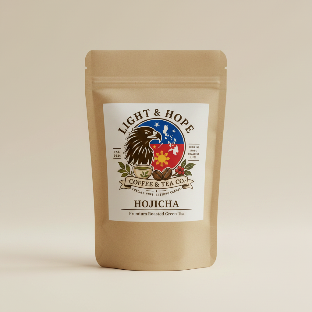 Hojicha Tea Label Detail | Premium Roasted Japanese Green Tea Bag | Light & Hope Coffee & Tea Co.