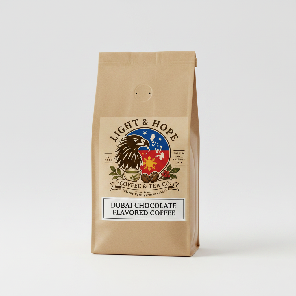 Dubai Chocolate flavored coffee bag with Light & Hope Coffee & Tea Co.