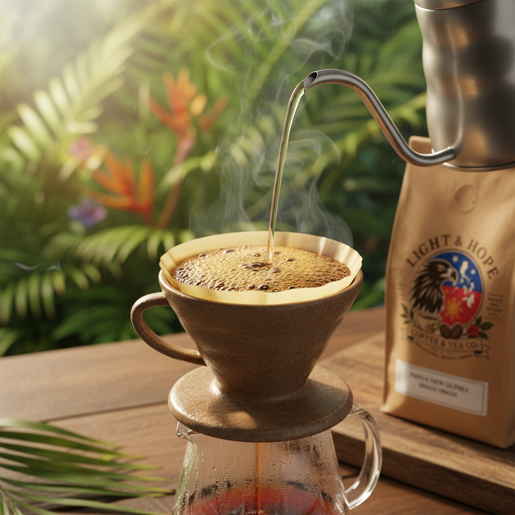 Light & Hope Coffee & Tea Co. Papua New Guinea single origin coffee brewed in a pour-over, close-up of golden honey-toned coffee bloom with warm tropical light