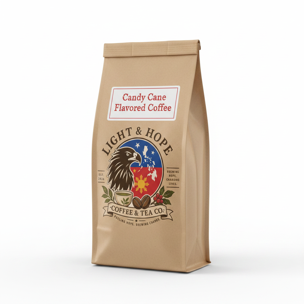 Candy Cane flavored coffee bag with Light & Hope Coffee & Tea Co.