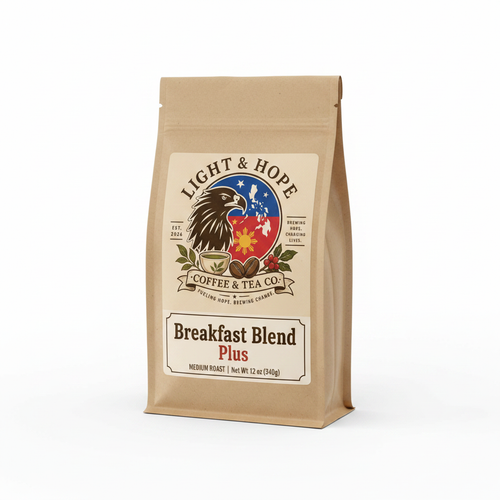 Breakfast Blend+ coffee bag with Light & Hope Coffee & Tea Co. 