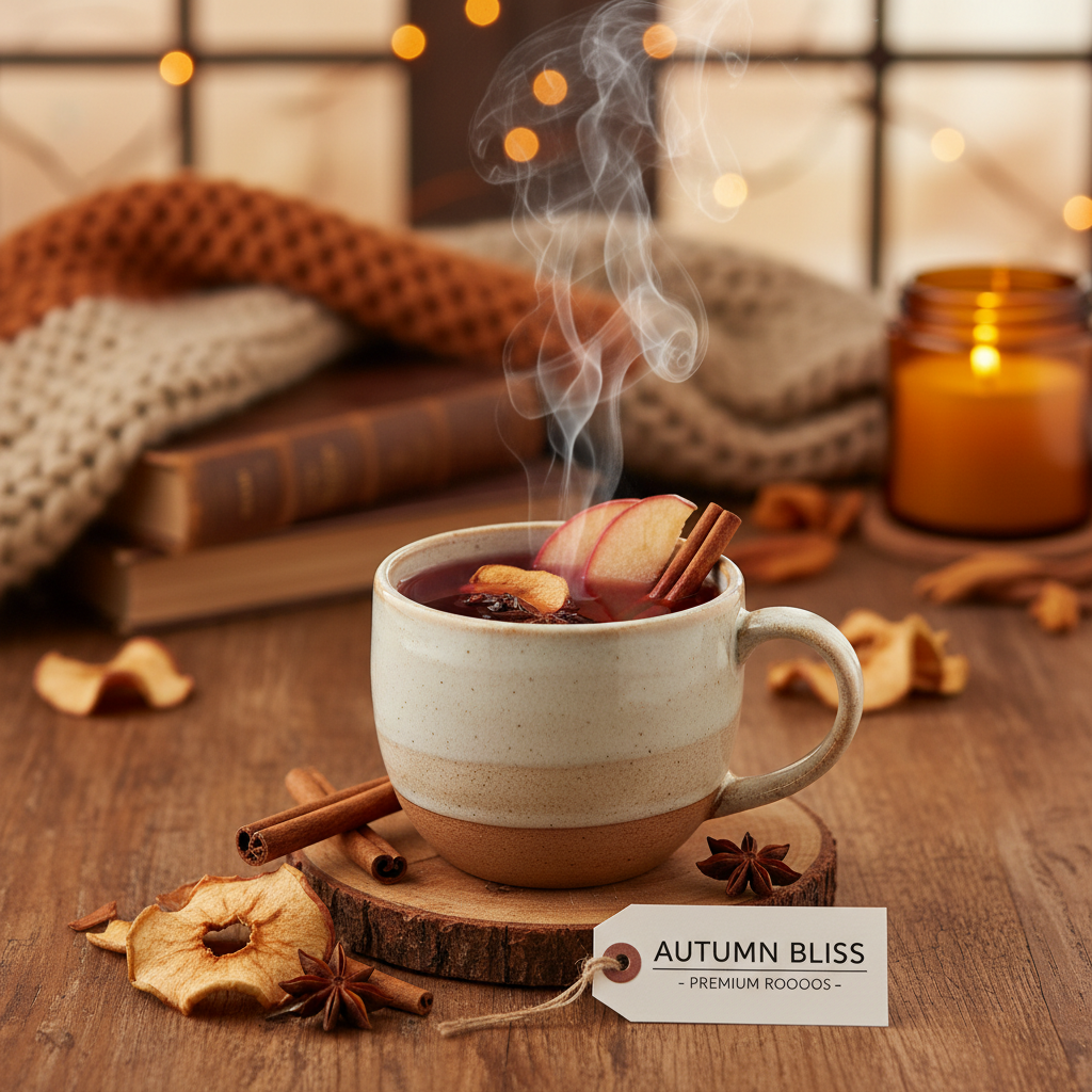 Steaming mug of Apple Cider Rooibos tea in a cozy autumn setting