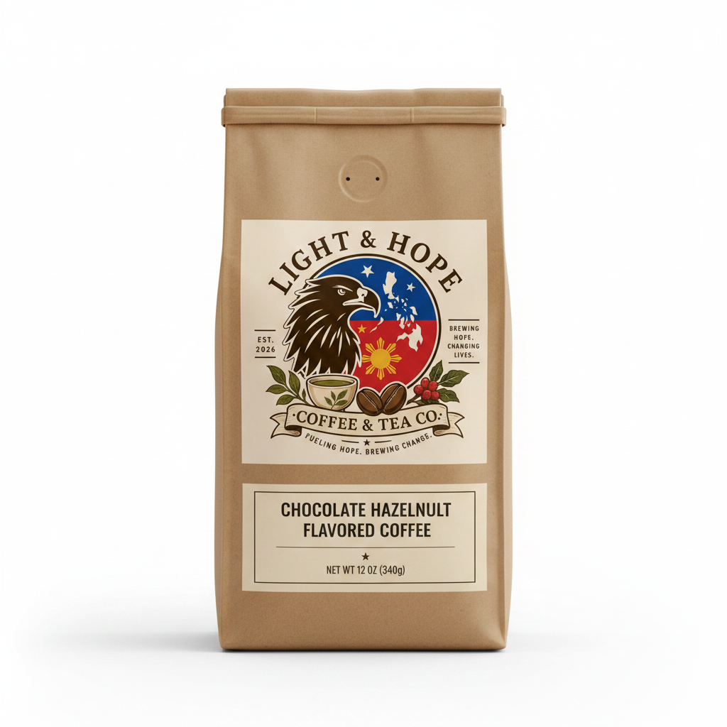 Chocolate Hazelnut flavored coffee bag with Light & Hope Coffee & Tea Co.