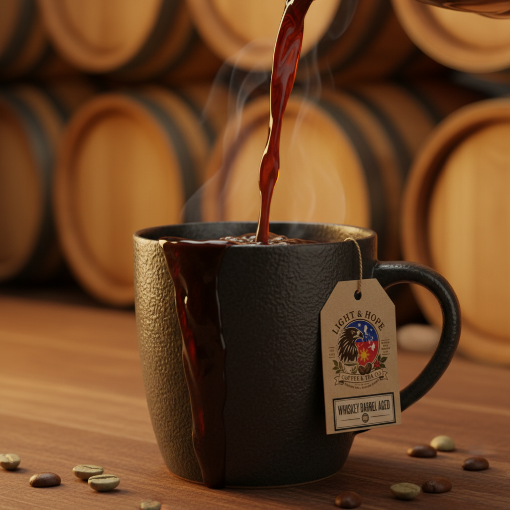 Light & Hope Coffee & Tea Co. Whiskey Barrel Aged coffee being poured into a dark ceramic mug with toasted oak barrel staves in background