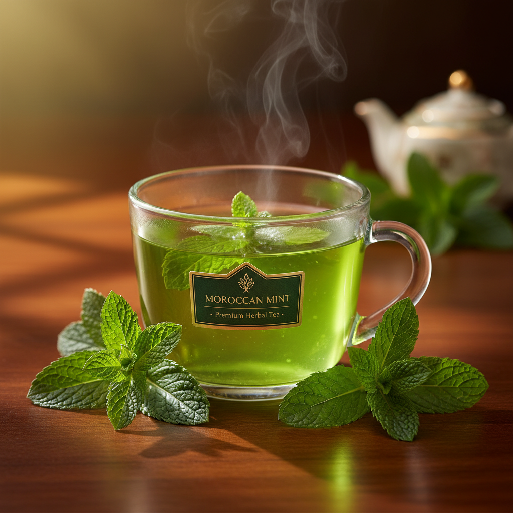 Moroccan Mint tea in a glass teacup with fresh mint leaves