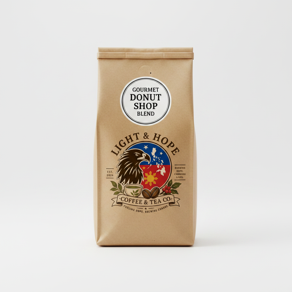 Gourmet Donut Shop coffee bag with Light & Hope Coffee & Tea Co.