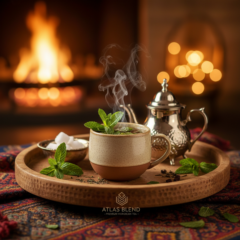 Steaming cup of Moroccan Mint tea with fresh mint sprigs
