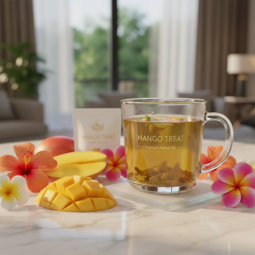 Mango Treat herbal tea in a clear glass mug with fresh mango slices