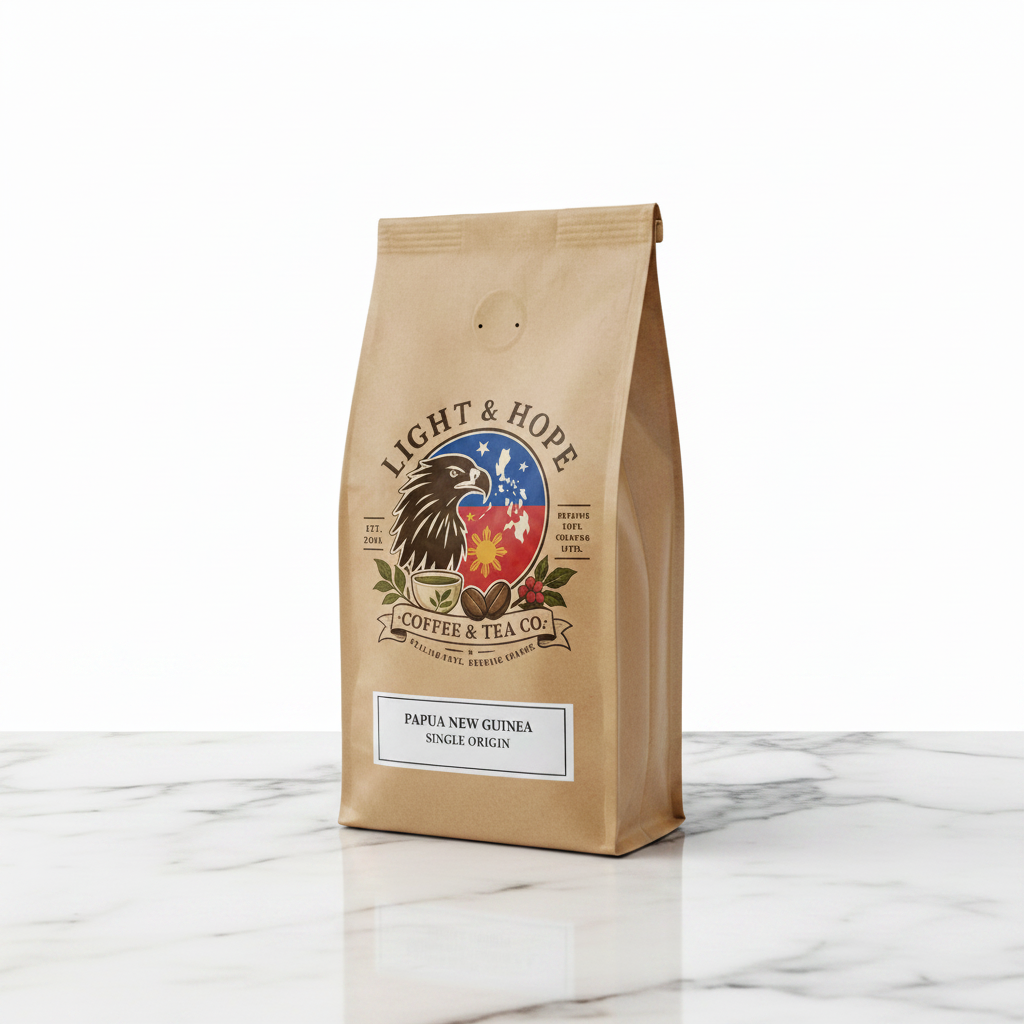 Light & Hope Coffee & Tea Co. Papua New Guinea single origin coffee bag side angle on white marble, soft warm natural light, minimalist premium product photography