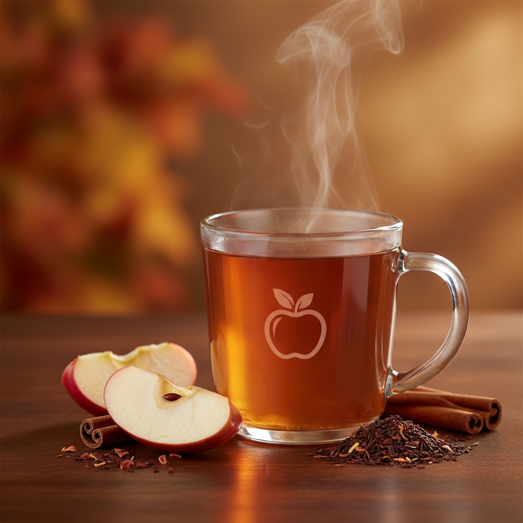 Apple Cider Rooibos tea in a clear glass mug with apple slices and cinnamon