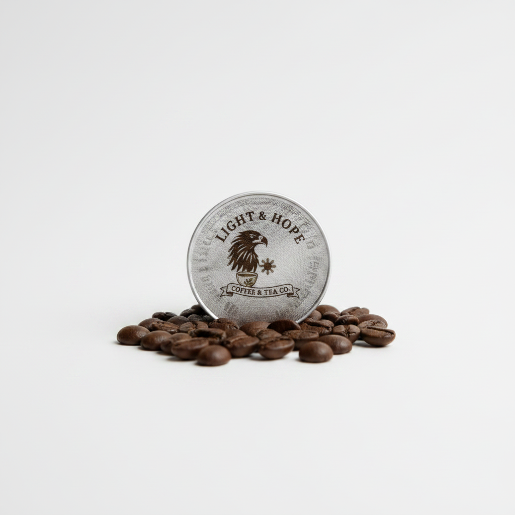 Light & Hope Coffee & Tea Co. | 12 Pack Single Serve Coffee Capsules | Single Capsule Close-Up with Coffee Beans