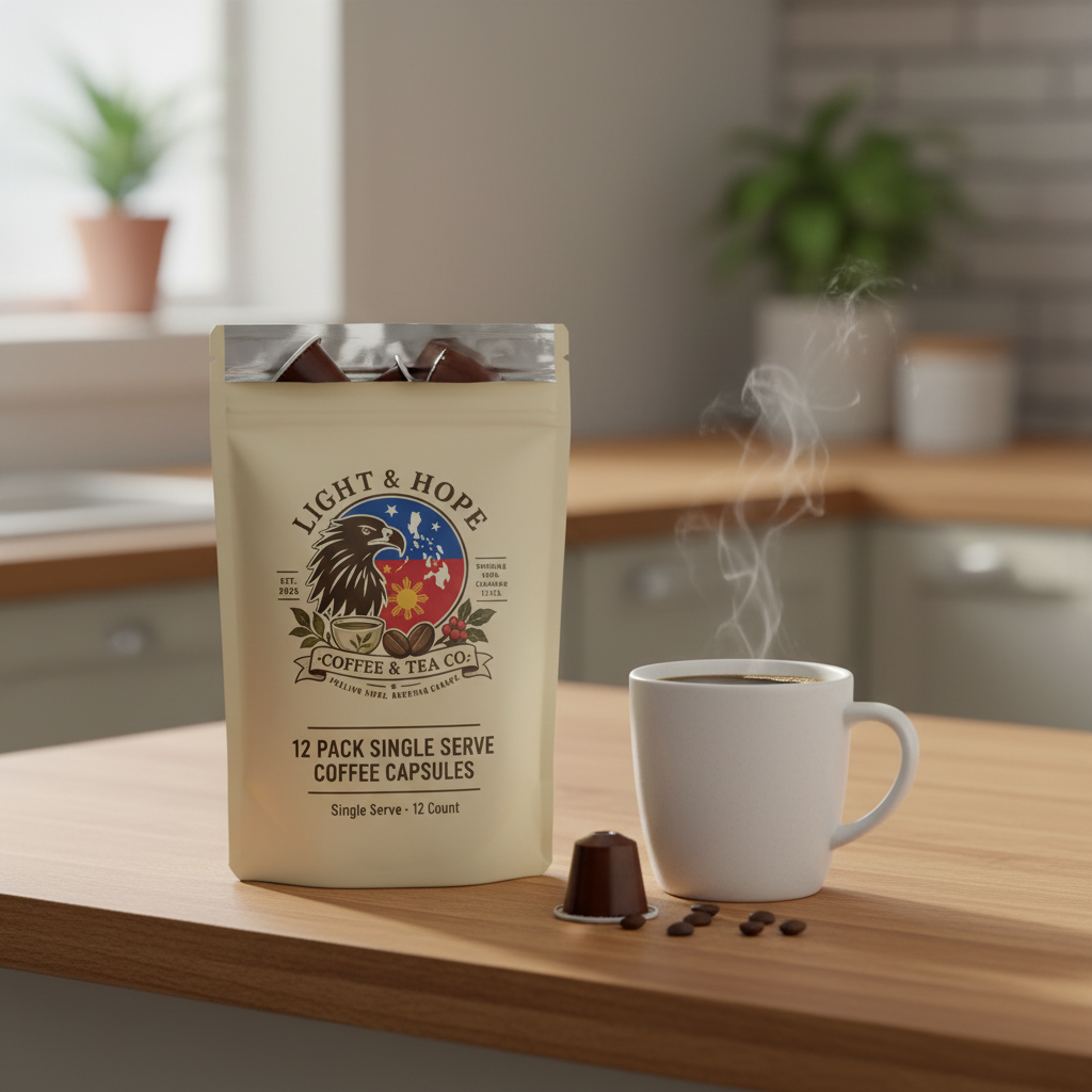Light & Hope Coffee & Tea Co. | 12 Pack Single Serve Coffee Capsules | Open Bag with Steaming Coffee Mug