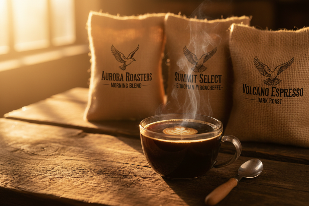 Freshly brewed coffee at sunrise with Morning Ritual bundle in background