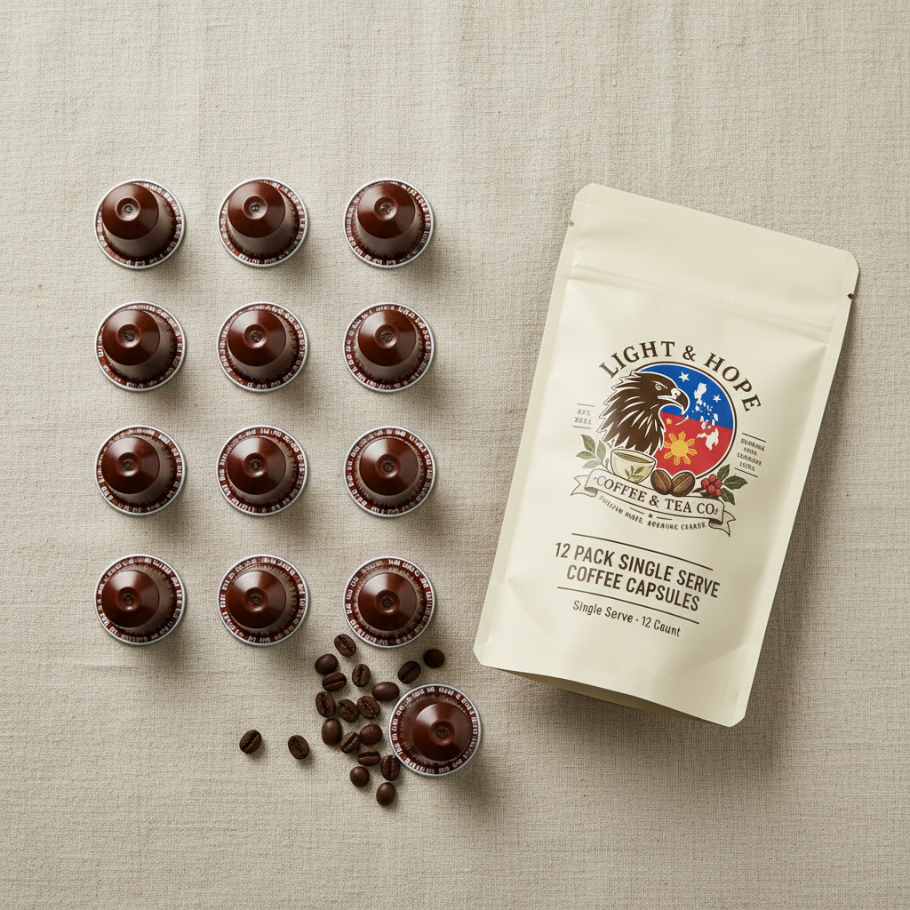 Light & Hope Coffee & Tea Co. | 12 Pack Single Serve Coffee Capsules | Flat Lay of 12 Capsules with Branded Bag