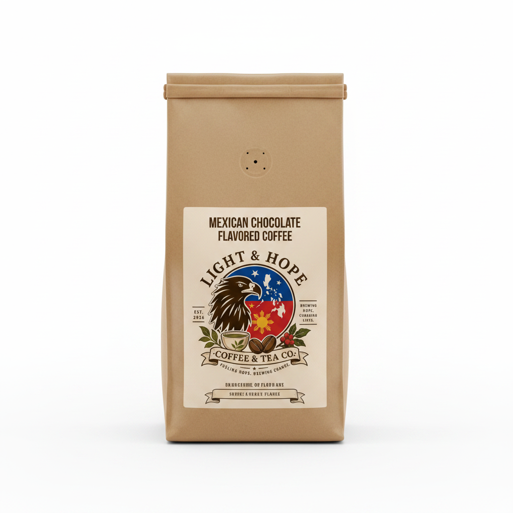 Mexican Chocolate flavored coffee bag with Light & Hope Coffee & Tea Co.