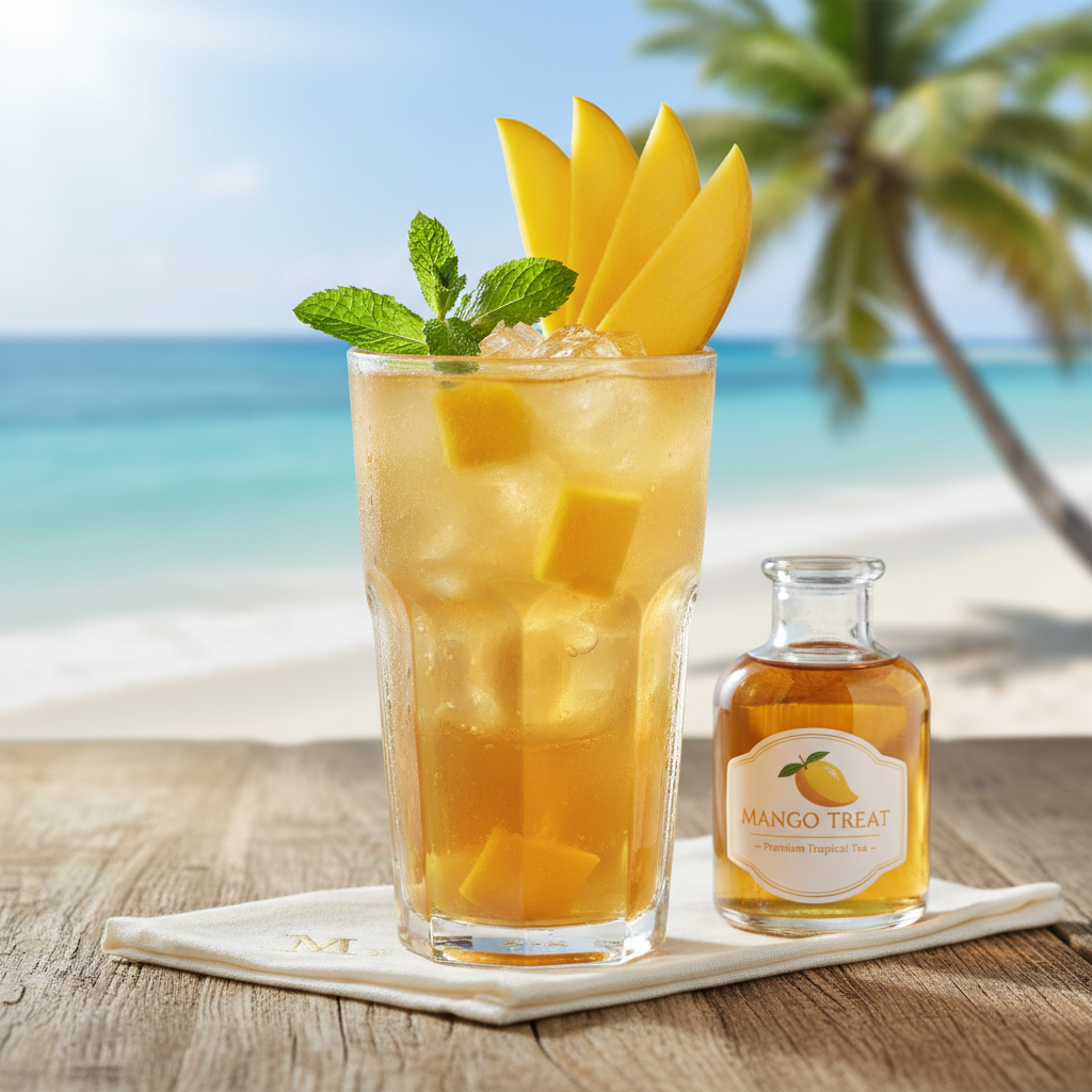 Iced Mango Treat tea in a tall glass with mango slices and mint garnish