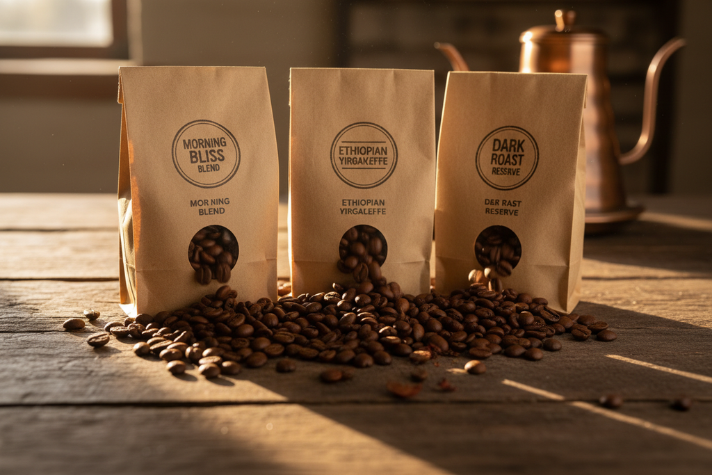 Close-up of roasted coffee beans from three specialty origins